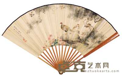 颜伯龙 丙子（1936年）作 花鸟 成扇 19×50cm